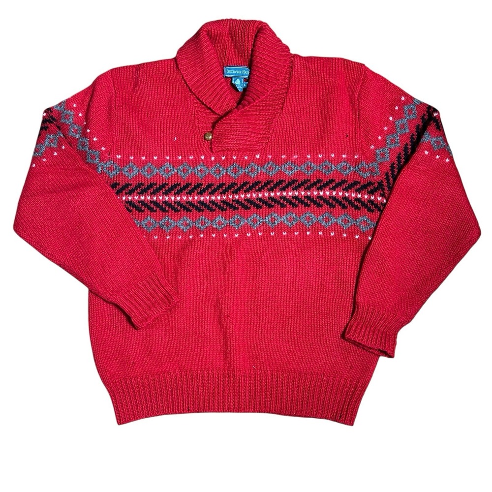 Christopher‎ Hayes Sweater Men's L Knit Red Striped Mock Neck 100% Wool Vintage